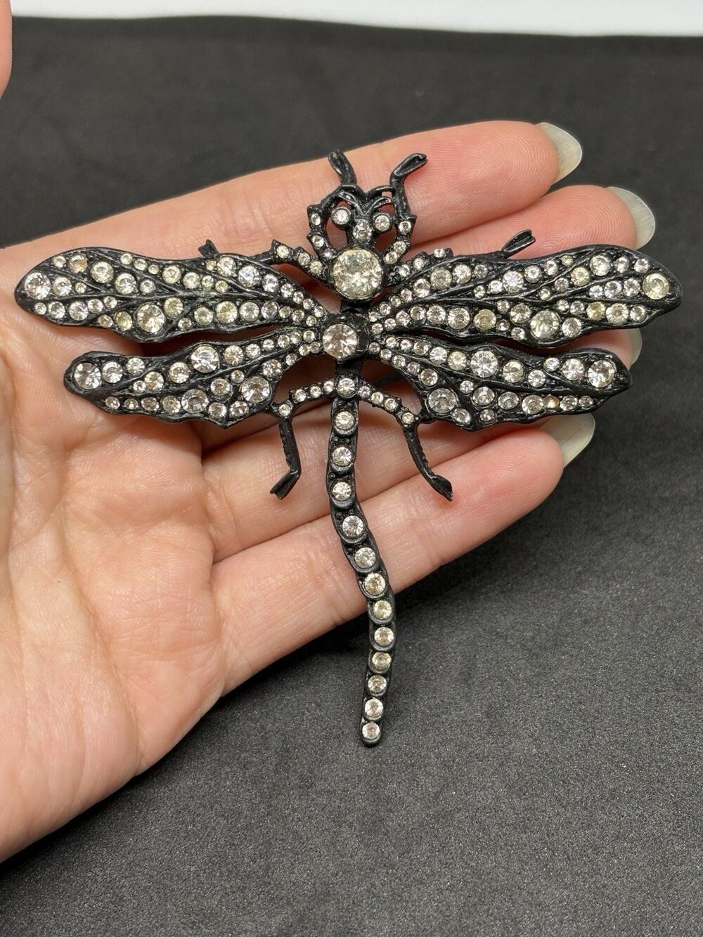 Vintage Nouveau CINER Clear Rhinestone Black Dragonfly Brooch Pin 3" Signed
